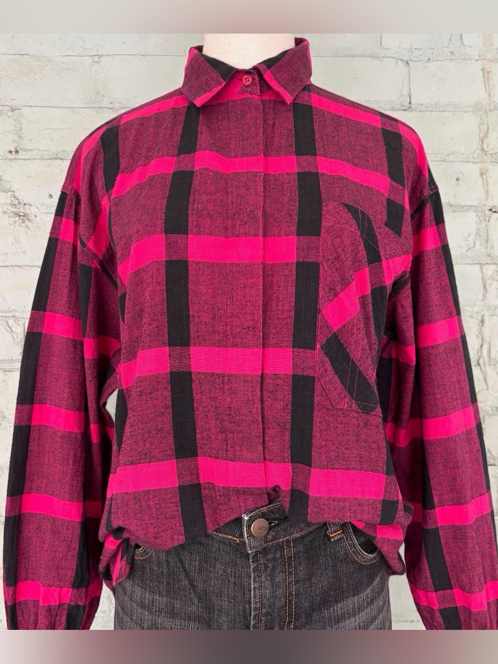 Vintage Plaid Oversized Shirt in Black and Fuschia